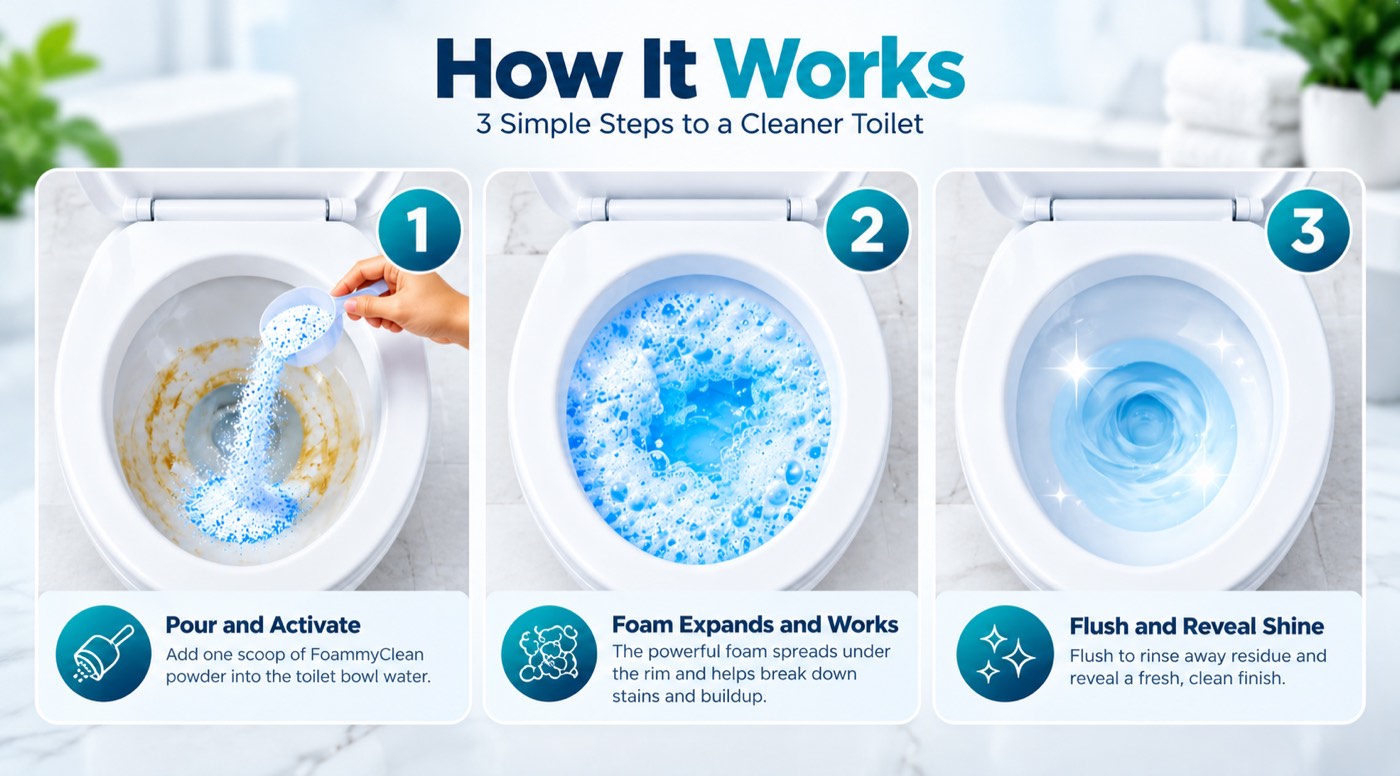 Illustrated steps: pour powder, foam in the bowl, then a clean flush
