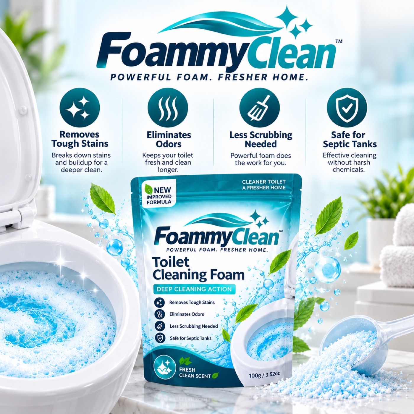FoammyClean pouch beside a toilet bowl with blue foam