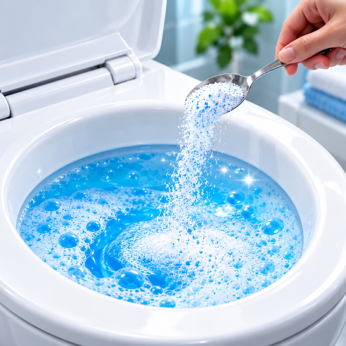 A spoon of white and blue granules poured into blue foaming toilet water